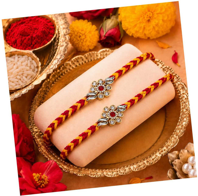 Designer Kundan Rakhi for Bhaiya, Stone Braided Thread Rakshabandhan Gift for Bhai Mauli Thread Rakhi by Sesonby(1 Roli Chawal, 2 Rakhi)