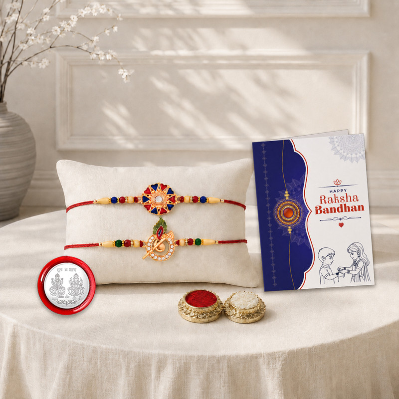 Designer Rakhi Combo Gift For Brother |Coin| Roli & Chawal | Greeting Card |K2_703+536 Assorted Rakhi, Chawal Roli Pack, Coins, Greeting Card Set by periapt(2Pcs Rakhi , Greeting Card , Silver Coin , Kanku Chokha)