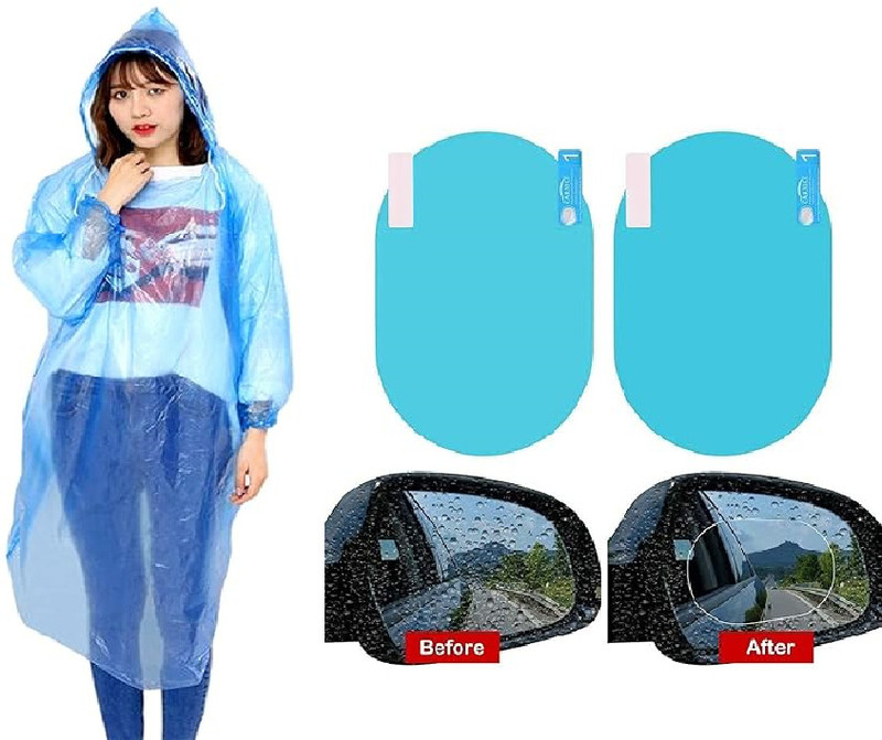 MOREL Waterproof Rearview Side Mirror Protective Film AND REUSABLE RAINCOAT COMBO Rearview Radar Mirror(Blue)