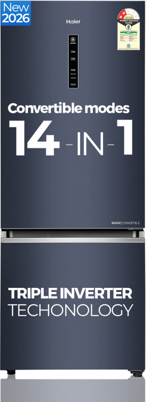 Haier 325 L Frost Free Double Door 2 Star Refrigerator with Freezer at Bottom, Triple Inverter & Dual Fan Motor Technology, External Digital Display Panel(GE Black, HEB-332GBA-P)