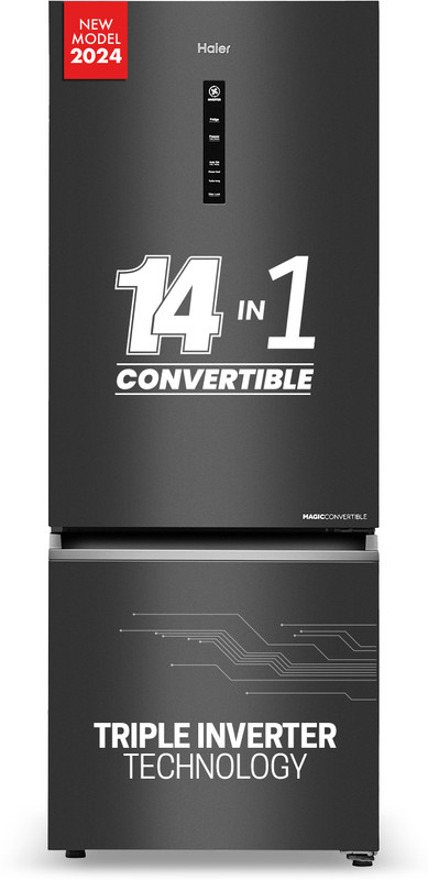 Haier 325 L Frost Free Double Door Bottom Mount 3 Star Convertible Refrigerator with 3-Star 14 In 1 Convertible Modes, 1 Hour Icing Technology, Digital Control Panel(GE Black, HEB-333GB-P)