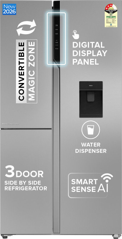 Haier 602 L Frost Free Side by Side 3 Star Convertible Refrigerator with Wi-Fi, Inverter, Digital Display Panel, Deo Fresh Technology(Black Glass, HRS-682KGU1)