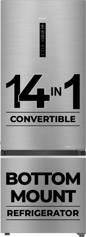 Haier 325 L Frost Free Double Door 3 Star Convertible Refrigerator with 3-Star 14 In 1 Convertible Modes, 1 Hour Icing Technology, Digital Control Panel(Dazzle Steel, HEB-333DS-P)