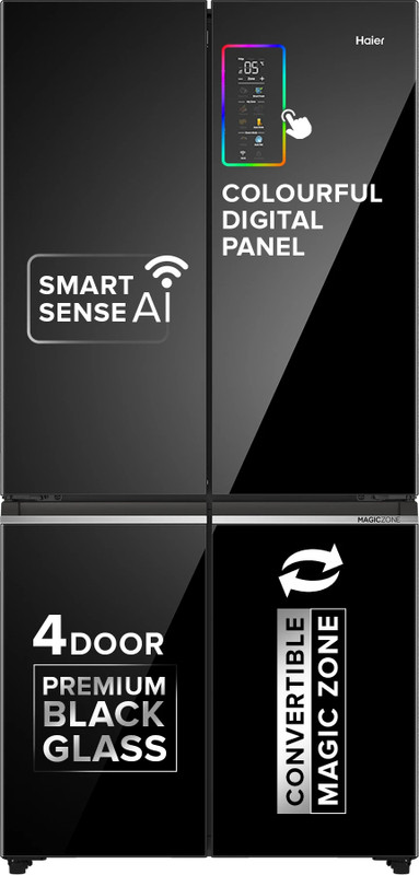 Haier 630 L Frost Free Side by Side Convertible Refrigerator with Lumiere 4Door |Convertible|Wi-Fi|Inverter|Colourful Display Panel|Motion Sensor|My zone|Sun Lit Interior(Black Glass, HRB-700KGU1)
