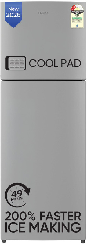Haier 240 L Frost Free Double Door 2 Star Refrigerator  with Freezer at Top, 200% Faster Ice Making in 49 Minutes, Twin Inverter Technology(Moon Silver, HEF-252EGSA-P)