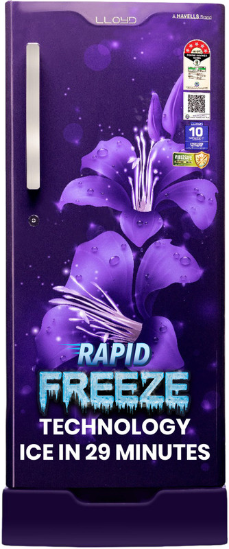 Lloyd by Havells 188 L Direct Cool Single Door 5 Star Refrigerator with Base Drawer with Rapid Freeze Technology - Ice in 29 minutes Inverter CompressorFleximax Design(Lilly Purple, GLDF205SS2LC)