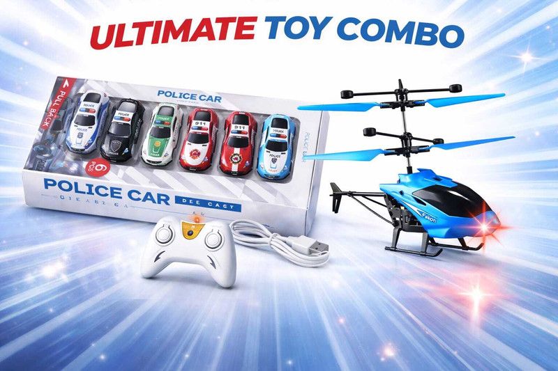RIVIN 6 Pcs Pull Back Cars + Flying Helicopter Toy(Blue)