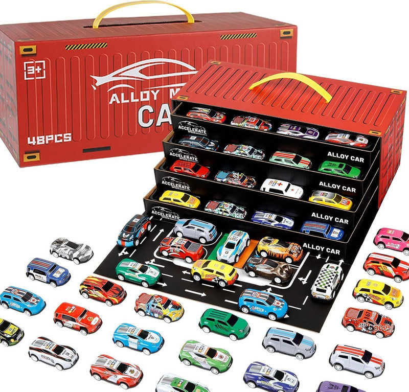 ALWAFLI 48 pcs Mini Pull-Back Car with Garage Alloy Race Toys Set with Fold-Out City Map(Multicolor)