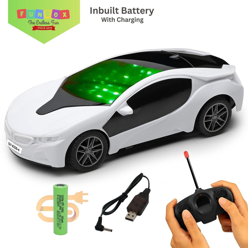 FUNBOX Famous Car Remote Control 3D - LED Lights & Chargeable - High Speed Car For Kids(White)