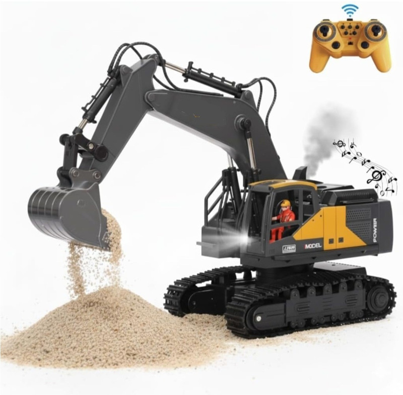 Toyboi 12-Channel RC Excavator, 360° Rotating Construction Vehicle, Smoke Effects(Multicolor)