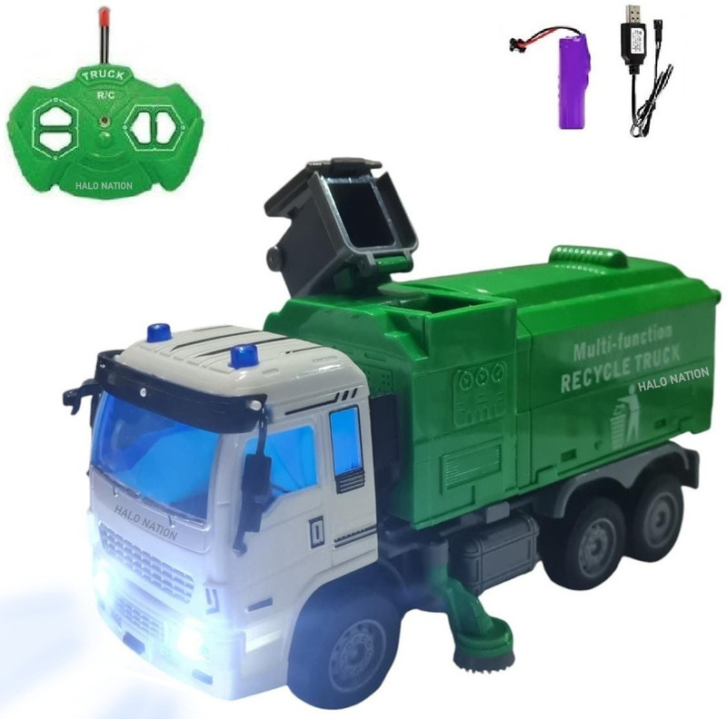 HALO NATION Remote Garbage Truck RC Dump Truck 6Wheel Sanitation Truck Rechargable Battery(Green)