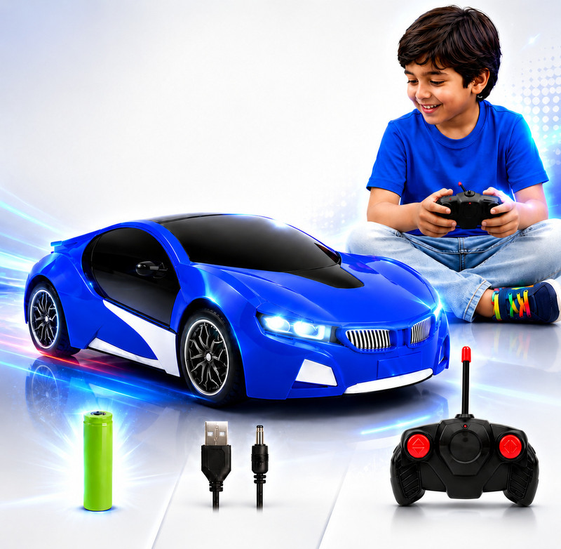 Buddynjoy 3D lighting kids high speed rechargeable remote control Car for 3+ Years(Blue)