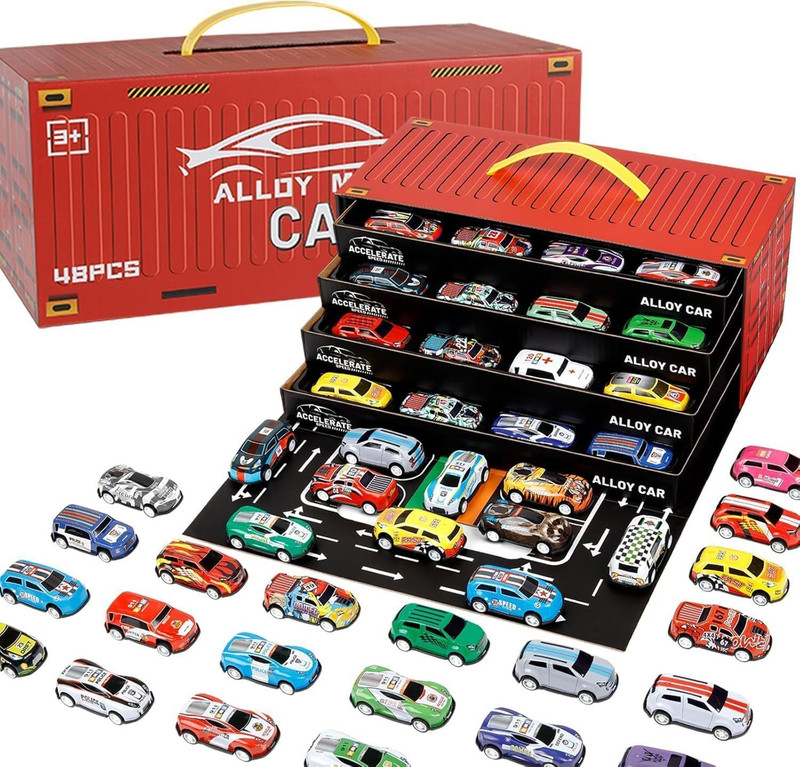 ALORNOR Mini Pull Back Racing 48 alloy Toy Cars with Carry Container Box-28(Multicolor)