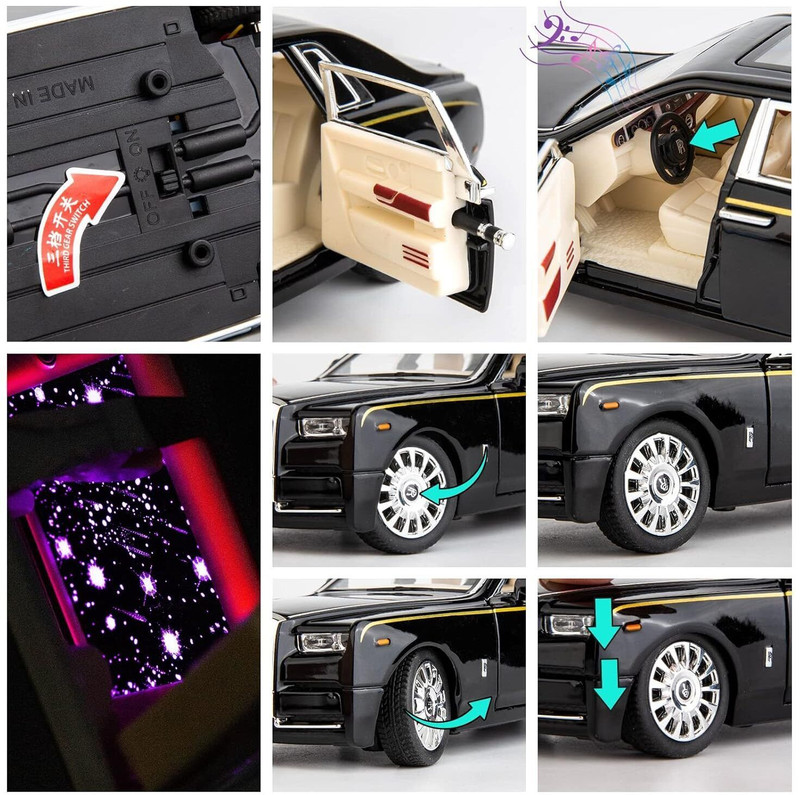 Pepstter 1/24 Rolls-Royce Phantom Model Car,Zinc Alloy Pull Back Toy Cars(Black)