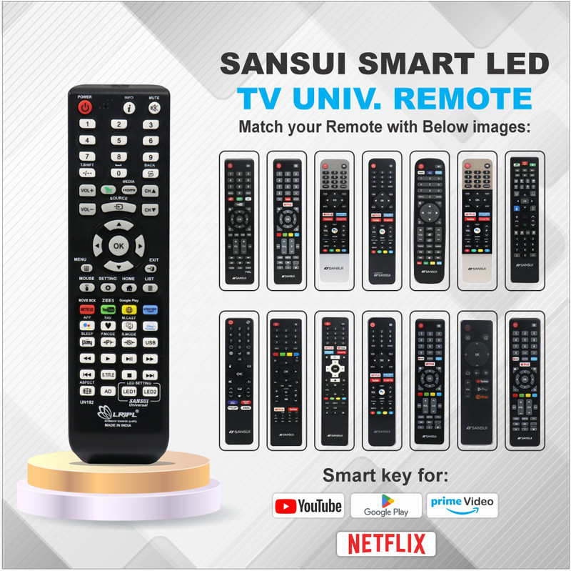 LRIPL UN192 Universal Remote Control LCD LED Smart TV with Smart Keys Sansui Remote Controller(Black)