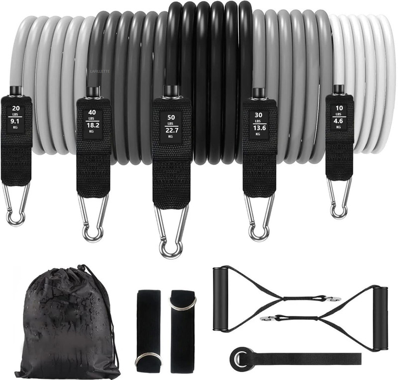 LAFILLETTE Resistance Set 5 Exercise Bands With Handles Door Anchor Fitness Resistance Tube(Grey & Black)
