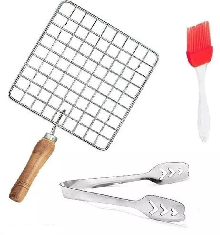 LMR3 Stainless Steel Square Papad Jali Roaster With Momos Tong Pastry Brush 1 kg Roaster(Silver)