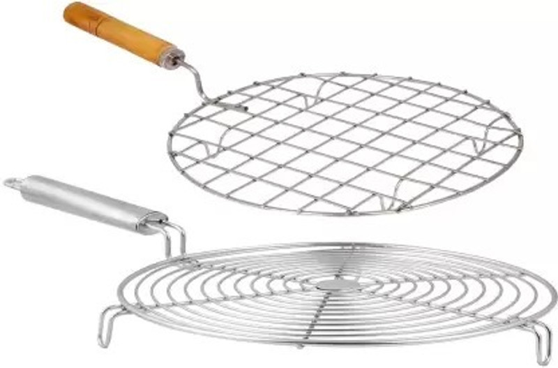 AFFODYL AFFODYL Stainless Steel Round Roaster (Wooden & Steel Handal) (Pack of 2) 1 kg Roaster(Silver)