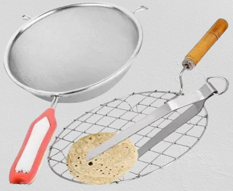 LMR3 Steel Roaster with Steel Chimta for Roti with Soup/Juice Strainer 1 kg Roaster(Silver)