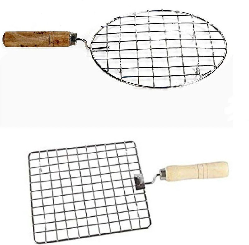 Pingaksha set of 2 roaster (round roaster and square roaster with wooden handle) 0.4 kg Roaster(Silver)