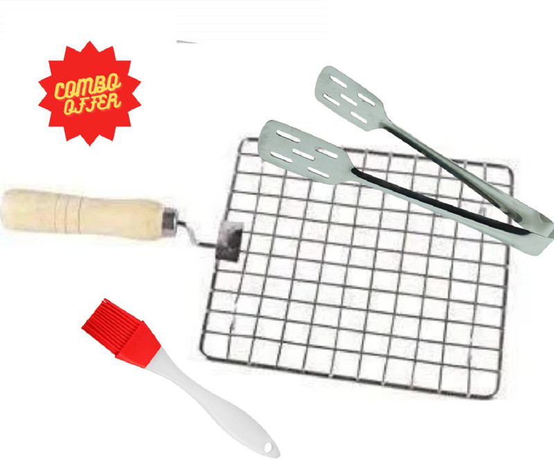 startail Roaster Tandoor Roti Net Jali Papad JBarbecue Grill Wooden Handle,Chimta ,brush 1 kg Roaster(Silver)