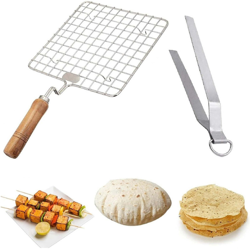 UTENCIL UNIVERSE Grill Papad Roaster Chapati Toast Grill Wooden Handle Roaster Grill 2 kg Roaster(Silver, Beige)