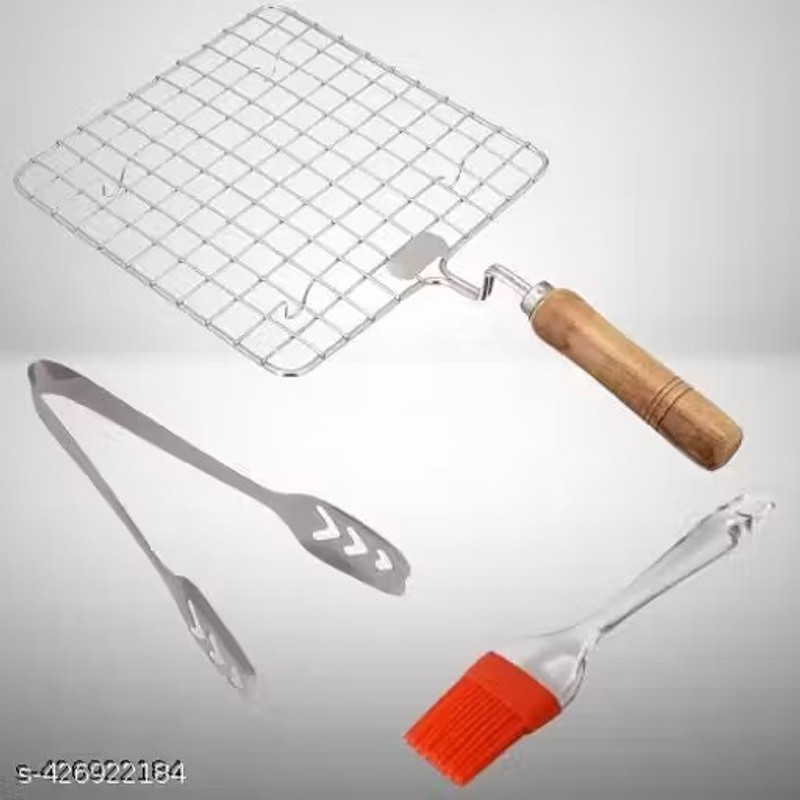 Aric Square Roaster & Stainless Steel Momo Tong And Silicon Oil Brush | 0.5 kg Roaster(Silver, Steel)