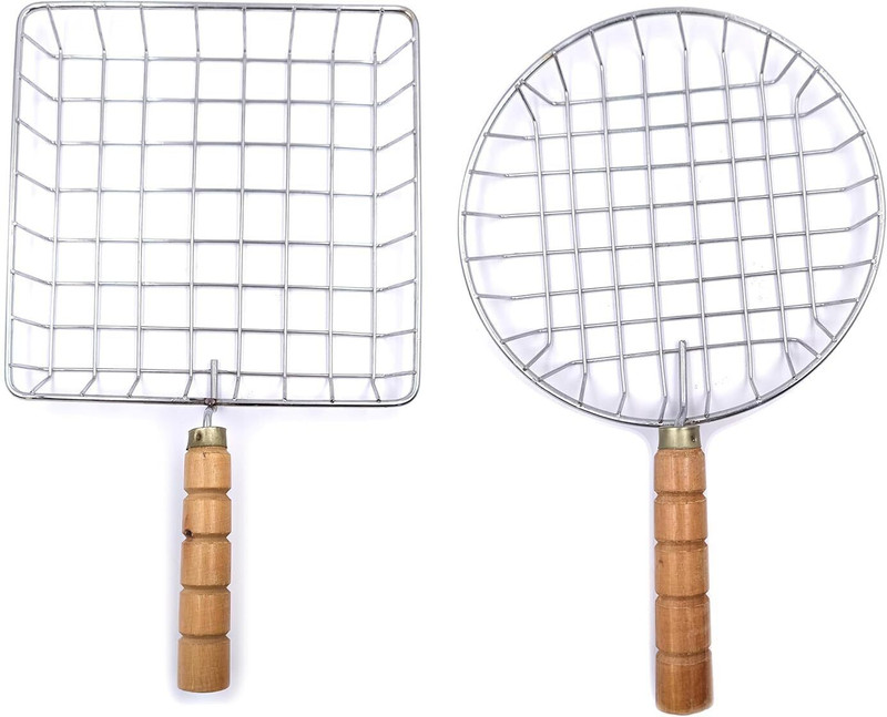 NOHUNT Pack of 2 Steel Wired Fry Basket Hand Grill Bread Papad Roti Stand Roasting Rack 2 kg Roaster(Silver)