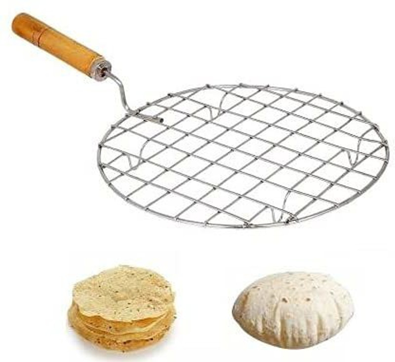 Velofeil Steel Round Large Net Papad Jali With Wooden Handle, Used For Making Roti (1 Pc) 1 kg Roaster(Silver)