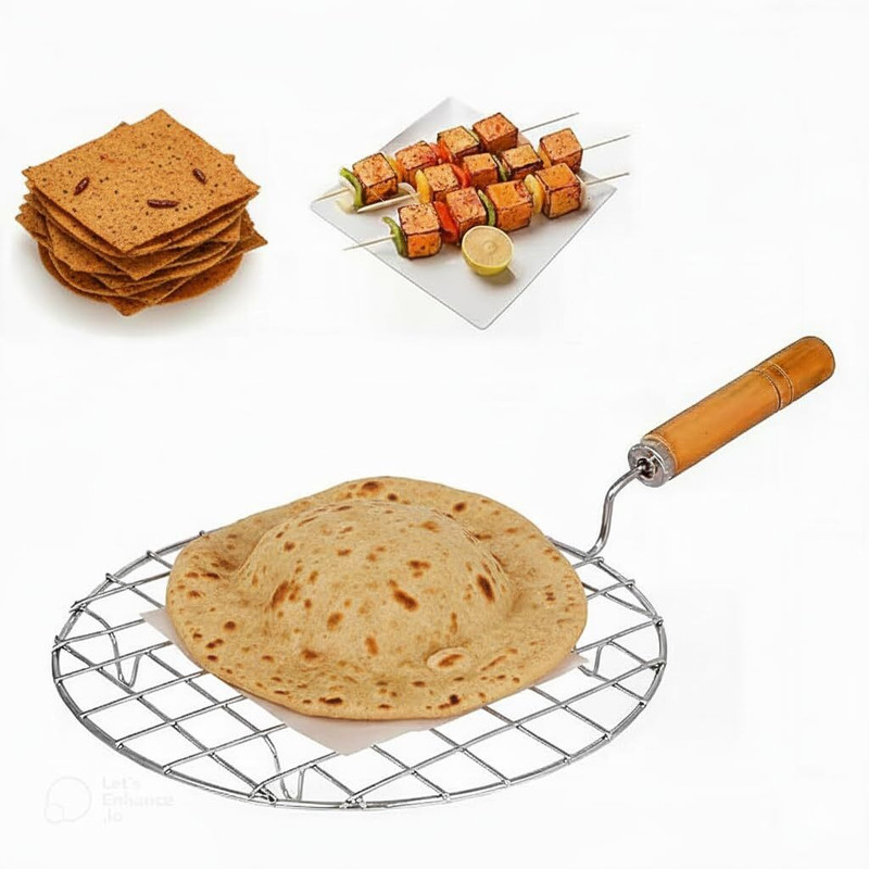 Enorme Enorme Stainless Steel Papad Jali Roaster With Wooden Handle ( Round ) Rib Roaster Grill(Pack of 1)