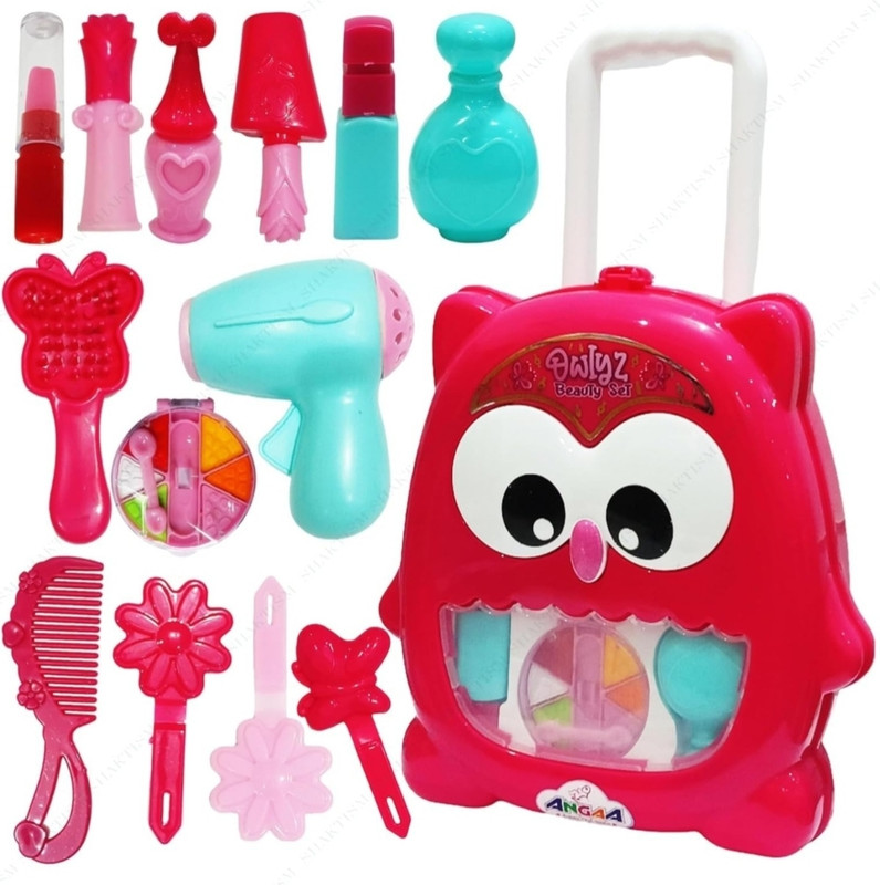 VVShopper Kids Owl Shaped Trolley Beauty Makeup Set Pretend Play Cosmetic Kit Toy