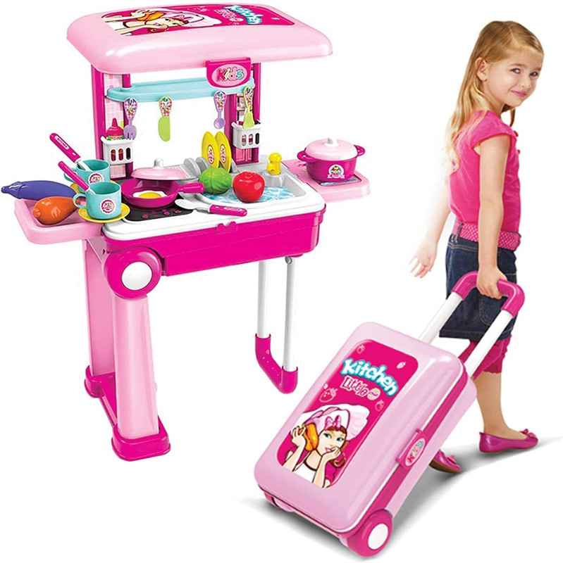 Veryke Kitchen Set for Kids Girls Cooking Set Light and Sound Portable Trolly Play Toys