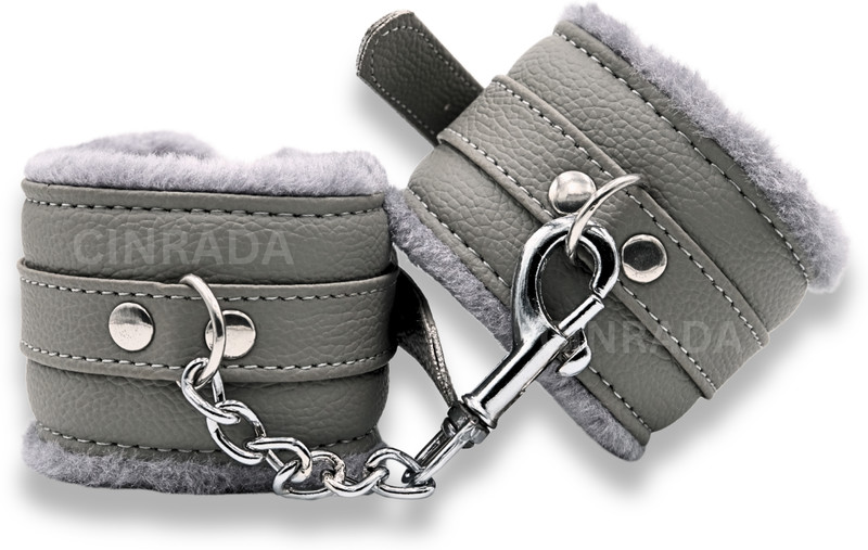 cinrada Grey Premium Leather Handcuff Set Soft Fur Adjustable Wrist Cuffs Chain Hook