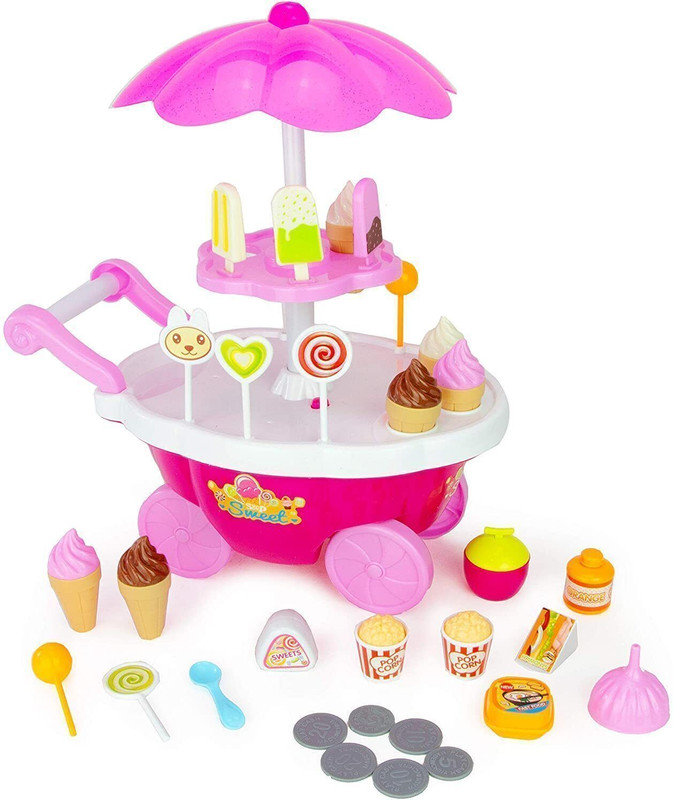 AESGOP Ice Cream Sweet Toy Trolley Cart Play Set with Music Lighting for Unisex Kids