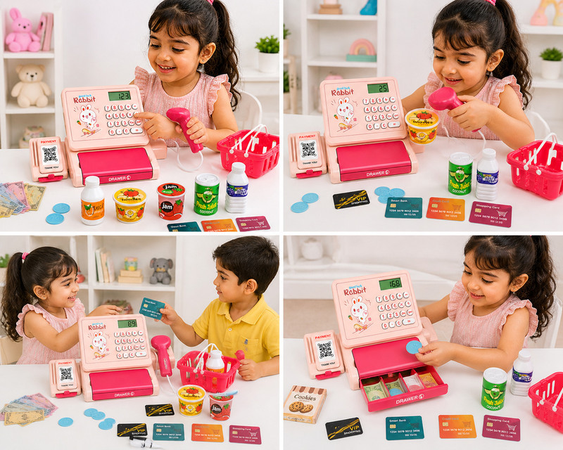 Taabar Kids Supermarket Cash Register Toy Set with Calculator, Scanner,& Accessories