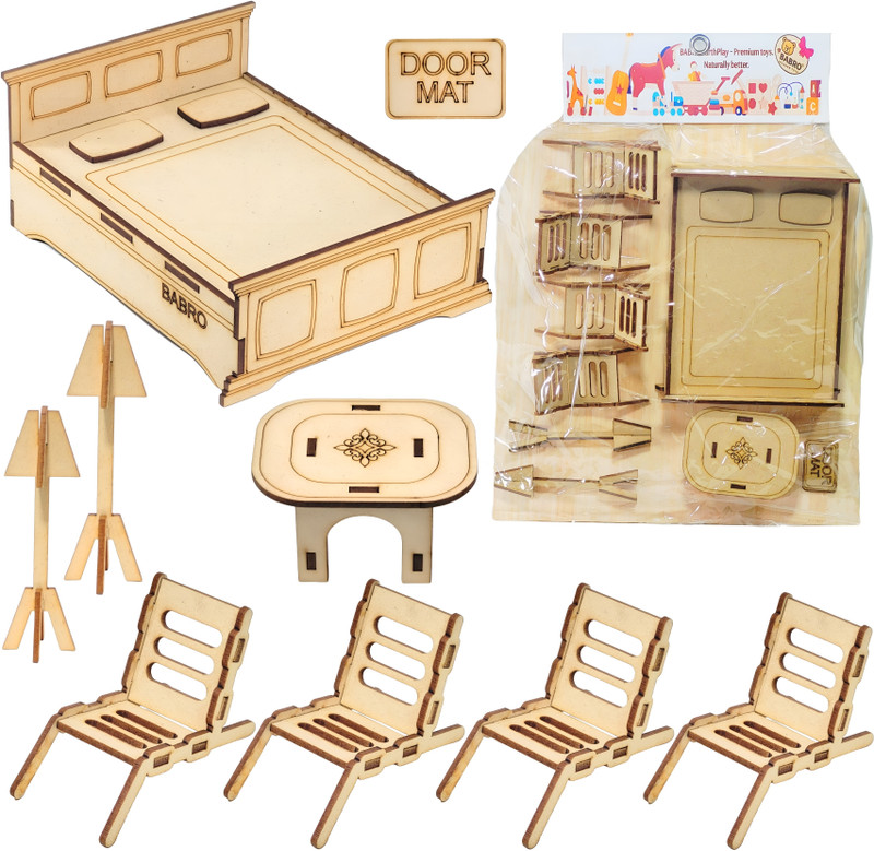 BABRO Miniature Wooden Doll House Furniture Toy Set for Kids | Furniture Pretend Play