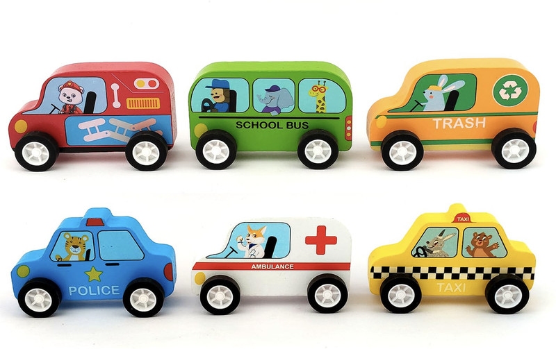 Minnics Wooden Toy Cars Set for Kids (6 pcs)
