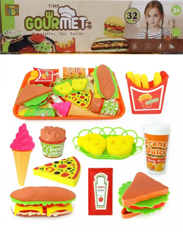 Fratelli 32 pcs Fast Food Set Pretend Play Burger Fries and ice Cream with Tray