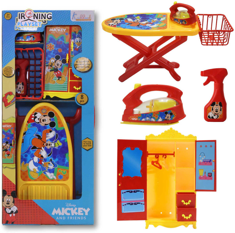 Kriiddaank Mickey Iron Playset - Portable Toy, Ironing Stand, Cupboard, Water Spray & Bas