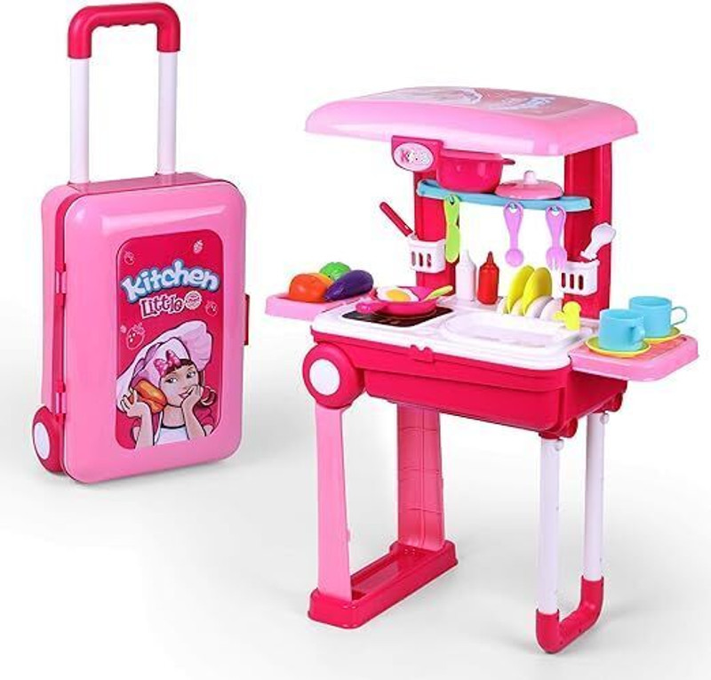 JOLARY Kitchen Set For Kids Girls Big Cooking Set Light And Sound Portable Trolley