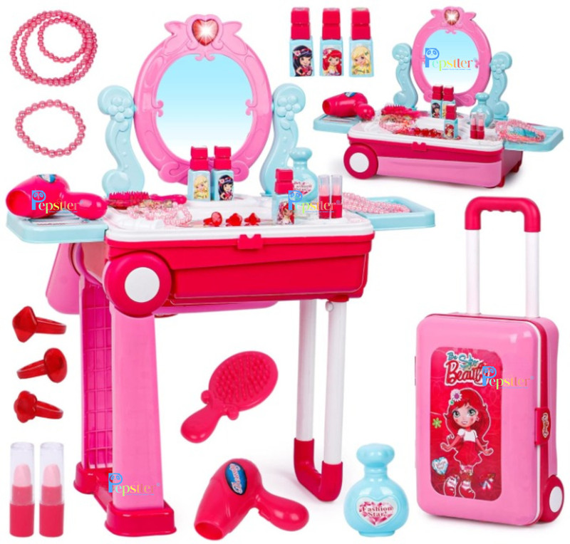 Pepstter 2 in 1 Vanity Table Portable Trolley Beauty Makeup Cosmetic Toy Kit