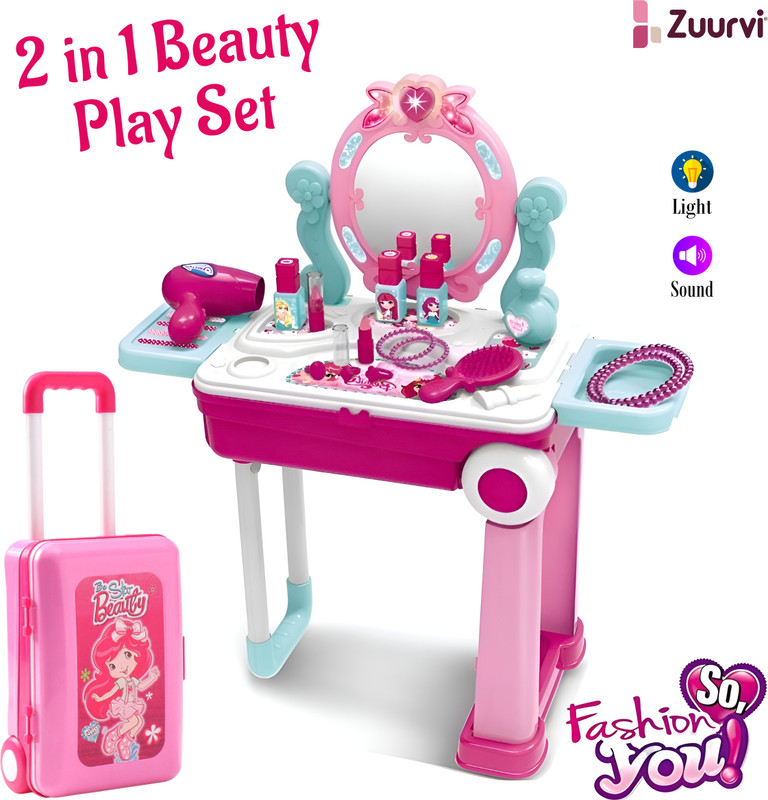 Zuurvi Portable Pretend Glamorous Vanity Makeup Beauty Play Set with Light and Sound