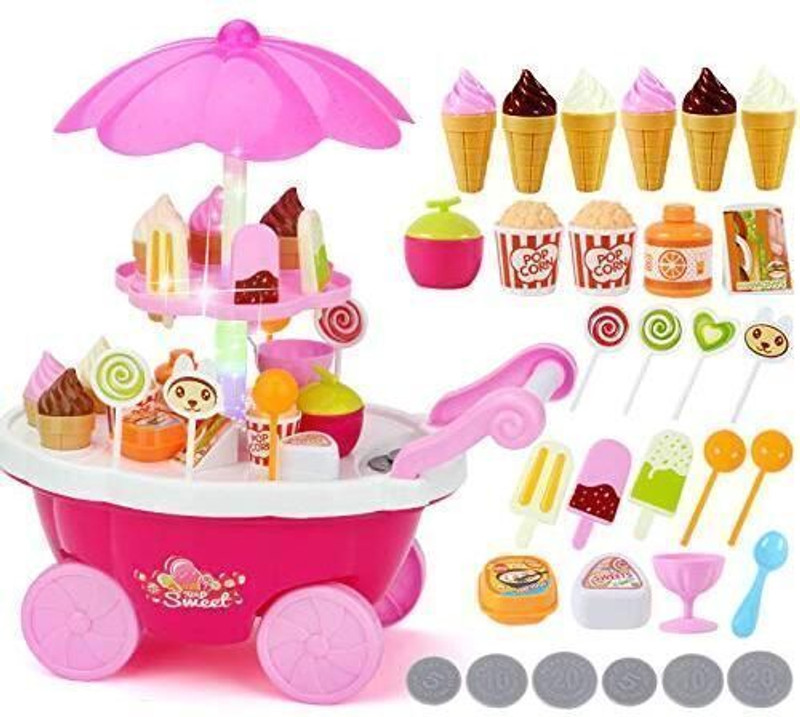 AESGOP Plastic 39 Pcs Big Size Ice Cream Trolley | Musical & Light Set for 4 Year Old