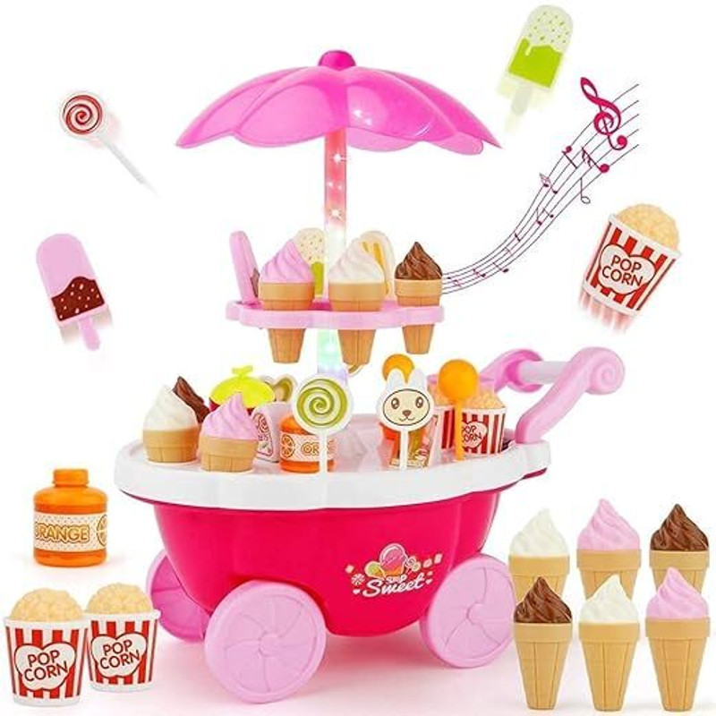 FIONATECH Plastic Ice Cream and Sweet Marketing Cart with Music Role Pretend Play Toy