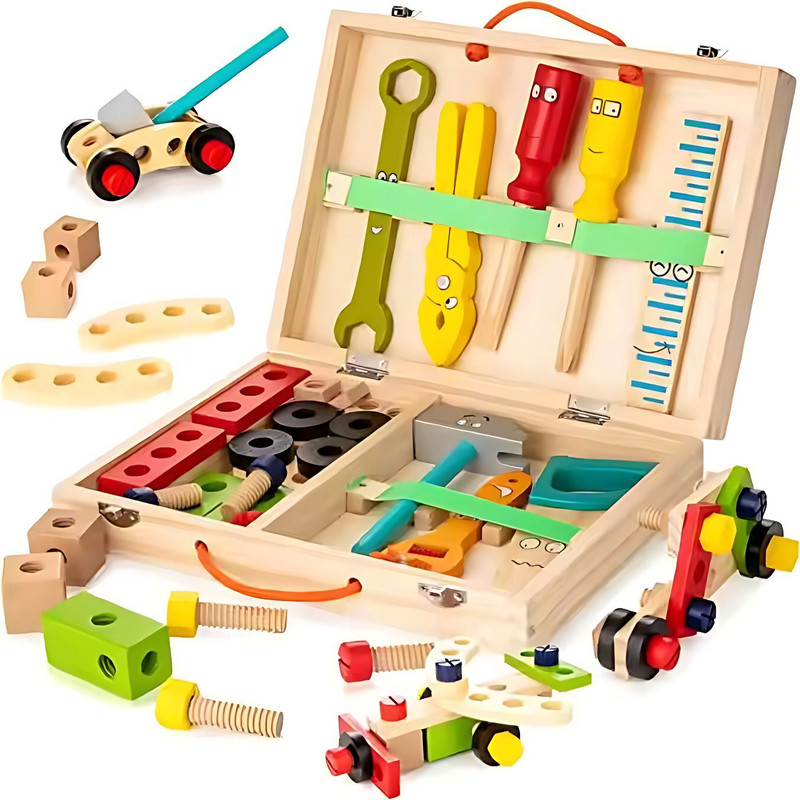 MARA BOMMAI Wooden 36-Piece Premium Simulation Tool Box Kit | Pretend Play Tool Set for Kids