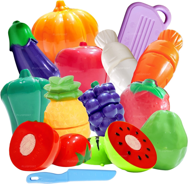 Pluspoint Plastic Realistic Sliceable Fruits and Vegetables 2 Parts Cutting Play Set (Multicolour) , Pack of 13