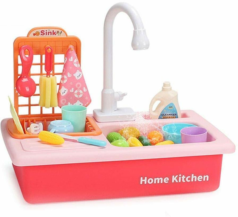 ASHOOJATEX Play Sink with Running Water, Pretend Play Washbasin Toys Set pink