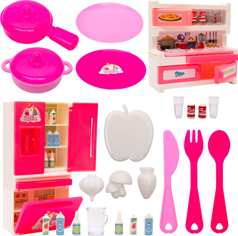 WISHKEY Unicorn Kids Kitchen Toy Set for With Stove Cupboard, Fridge & Utensils For Kids