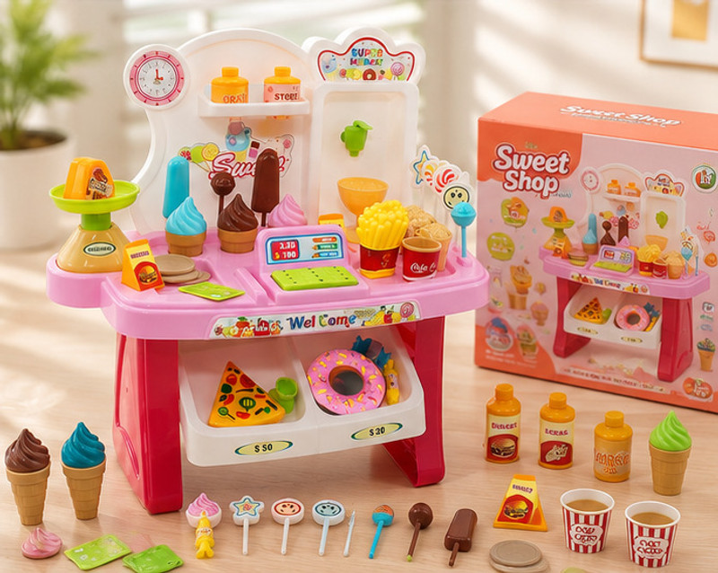 EVERFRESHCARE Mini Supermarket Play Set for Kids with Cash Register and Food Toys