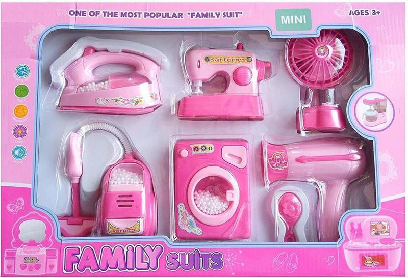 NIYAMAT Family ToySet with Sewing Machine, Washing Machine, Iron,Hair Dryer & Fan (Pink)